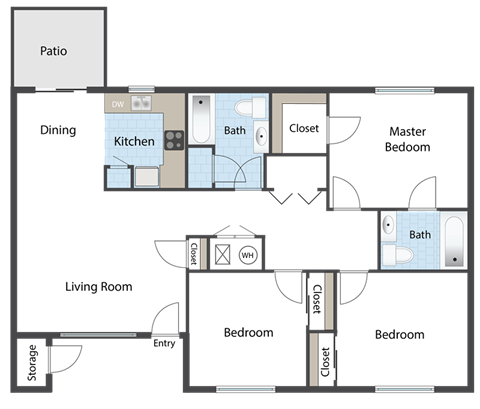 Floor plan for 3 beds, 2 baths, 1190 sqft